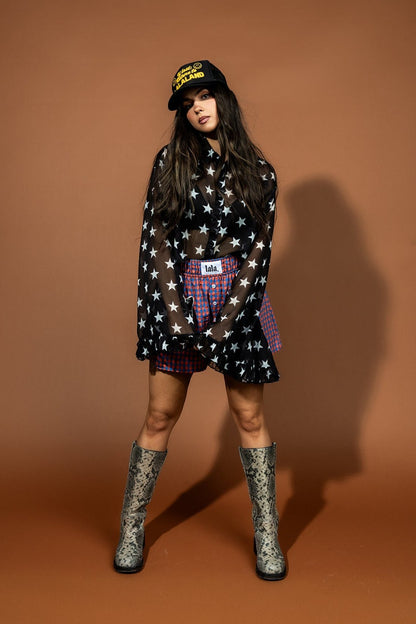 Starry Eyed and Sleep Deprived Cropped Chiffon Button Up - Dressed in Lala