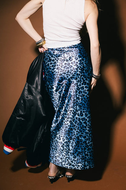 Supernova Bias Satin Skirt in Electric Blue Leopard - Dressed in Lala