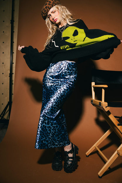 Supernova Bias Satin Skirt in Electric Blue Leopard - Dressed in Lala