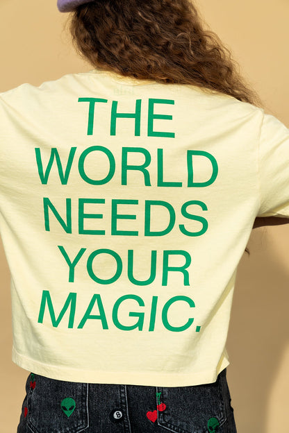 The World Needs Your Magic Crop Tee in Butter Yellow + Green - Dressed in Lala