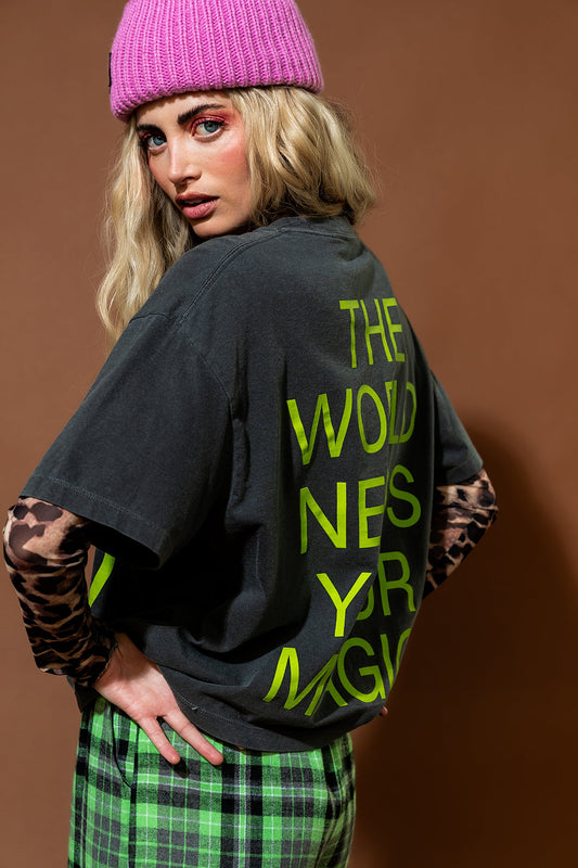 The World Needs Your Magic Crop Tee in Vintage Charcoal + Neon - Dressed in Lala
