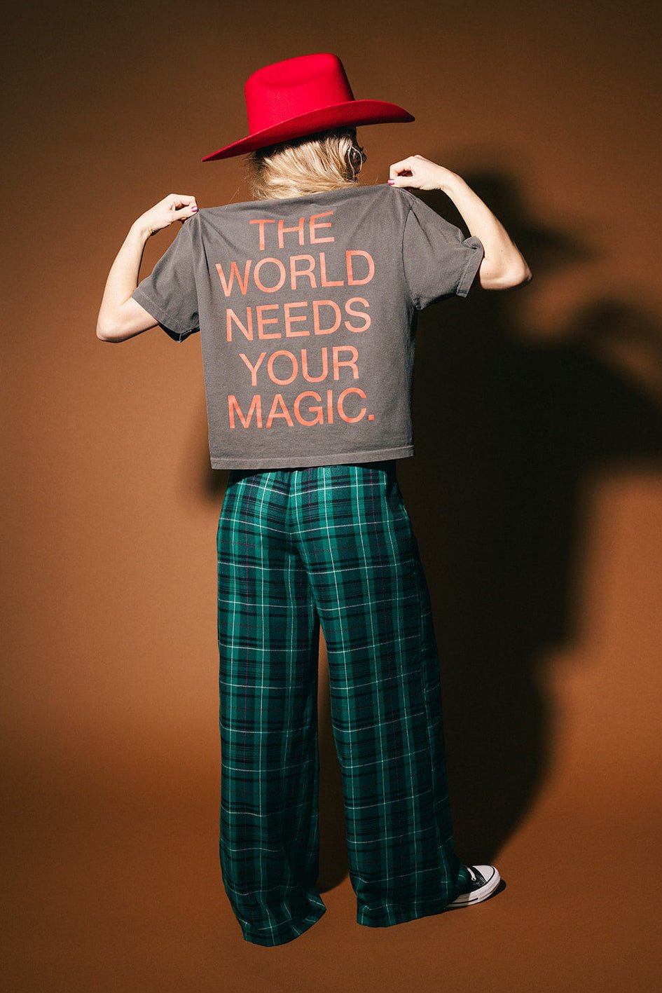 The World Needs Your Magic Crop Tee in Vintage Charcoal + Red - Dressed in Lala