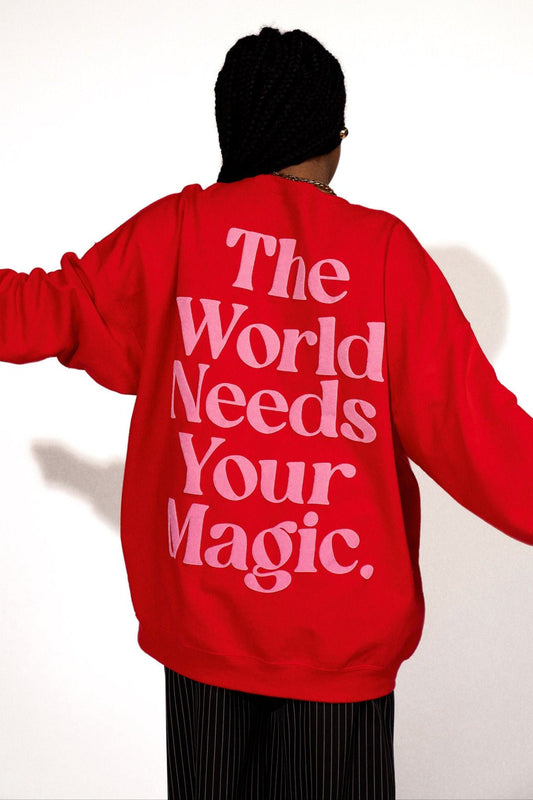 The World Needs Your Magic Oversized Pullover in Red + Pink - Dressed in Lala