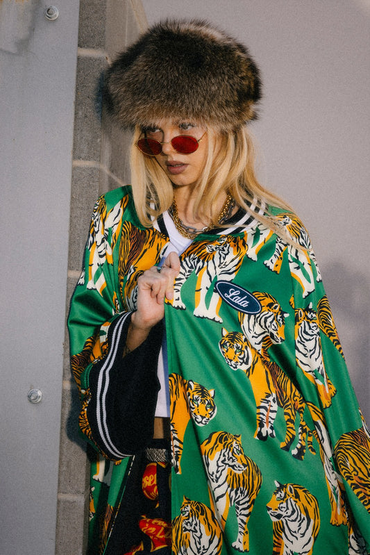 Tiger Tales on Green Kimono Bomber - Dressed in Lala