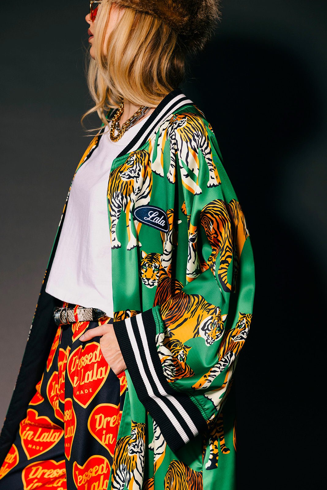 Tiger Tales on Green Kimono Bomber - Dressed in Lala