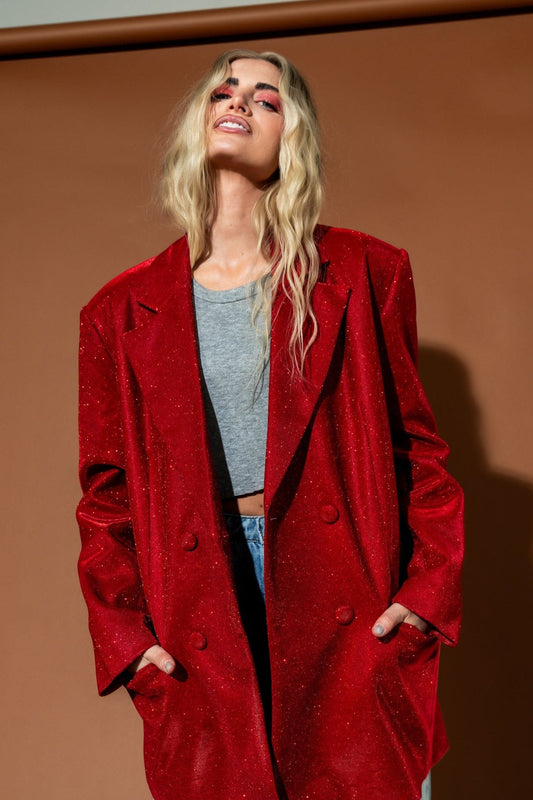 To The Disco Sparkle Boyfriend Blazer in Ruby Red - Dressed in Lala