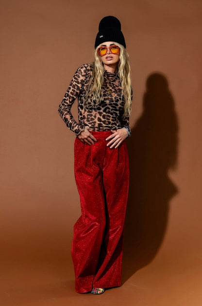 To The Disco Sparkle Wide Leg Trousers in Ruby Red - Dressed in Lala