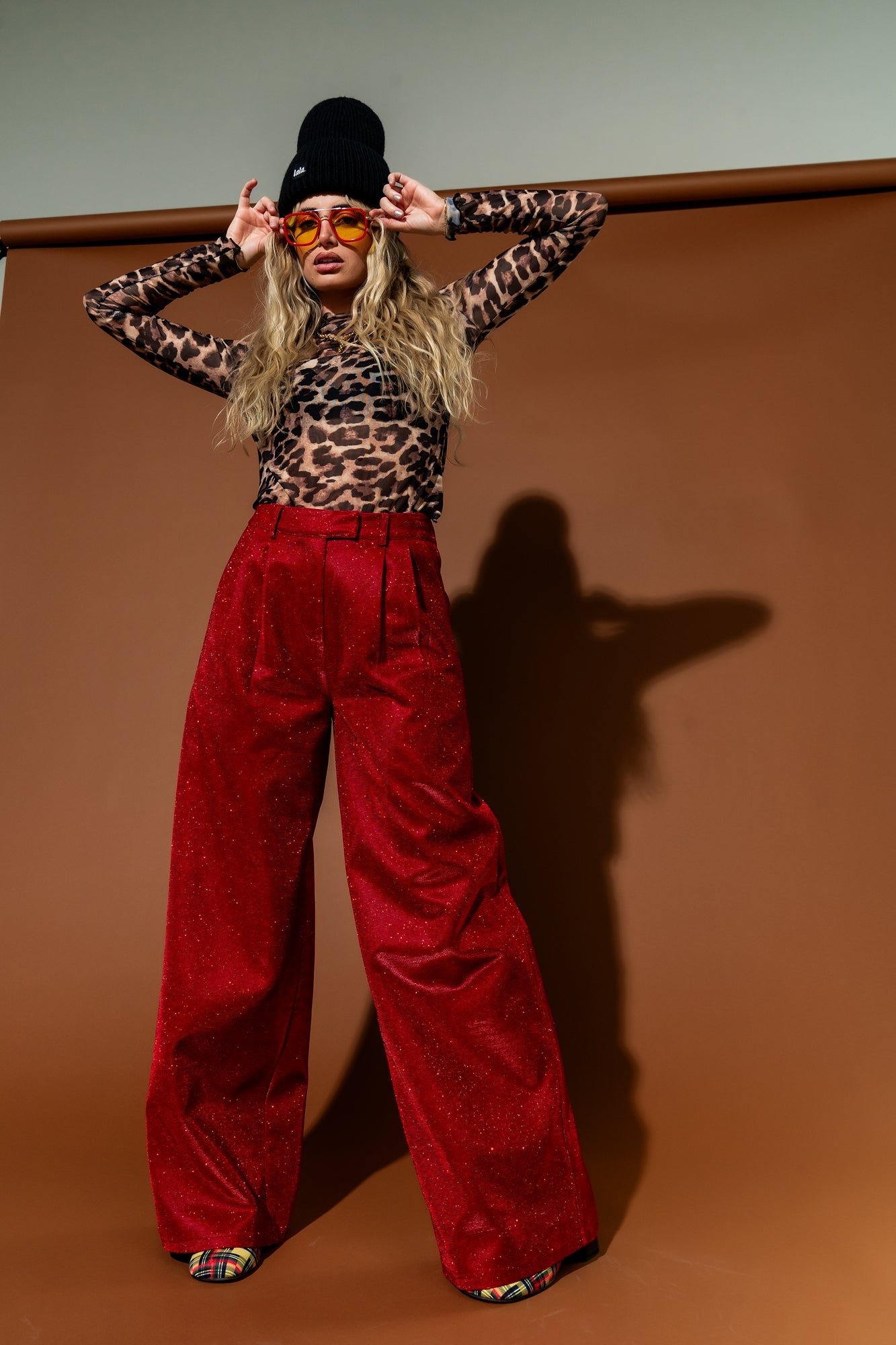 To The Disco Sparkle Wide Leg Trousers in Ruby Red - Dressed in Lala