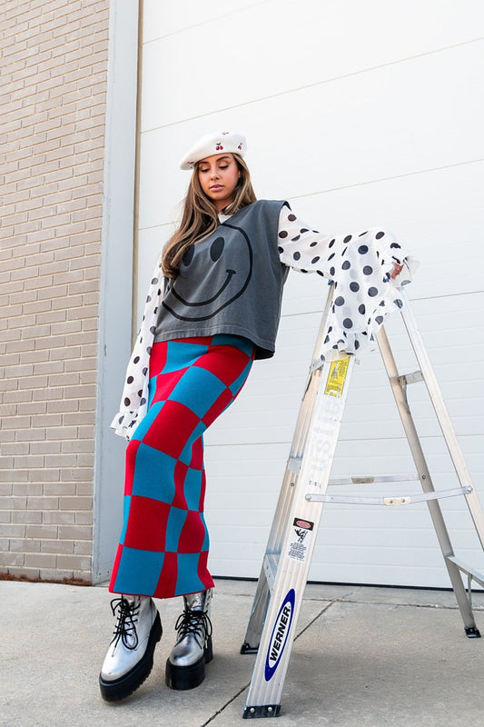 To The Stars Knit Skirt in Red + Blue Checkerboard - Dressed in Lala