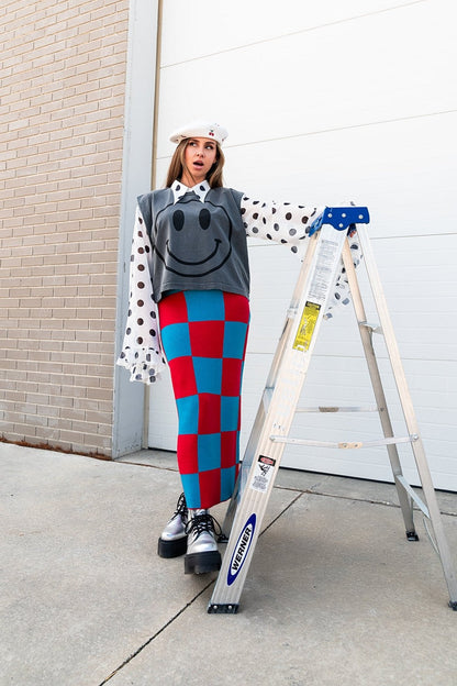 To The Stars Knit Skirt in Red + Blue Checkerboard - Dressed in Lala