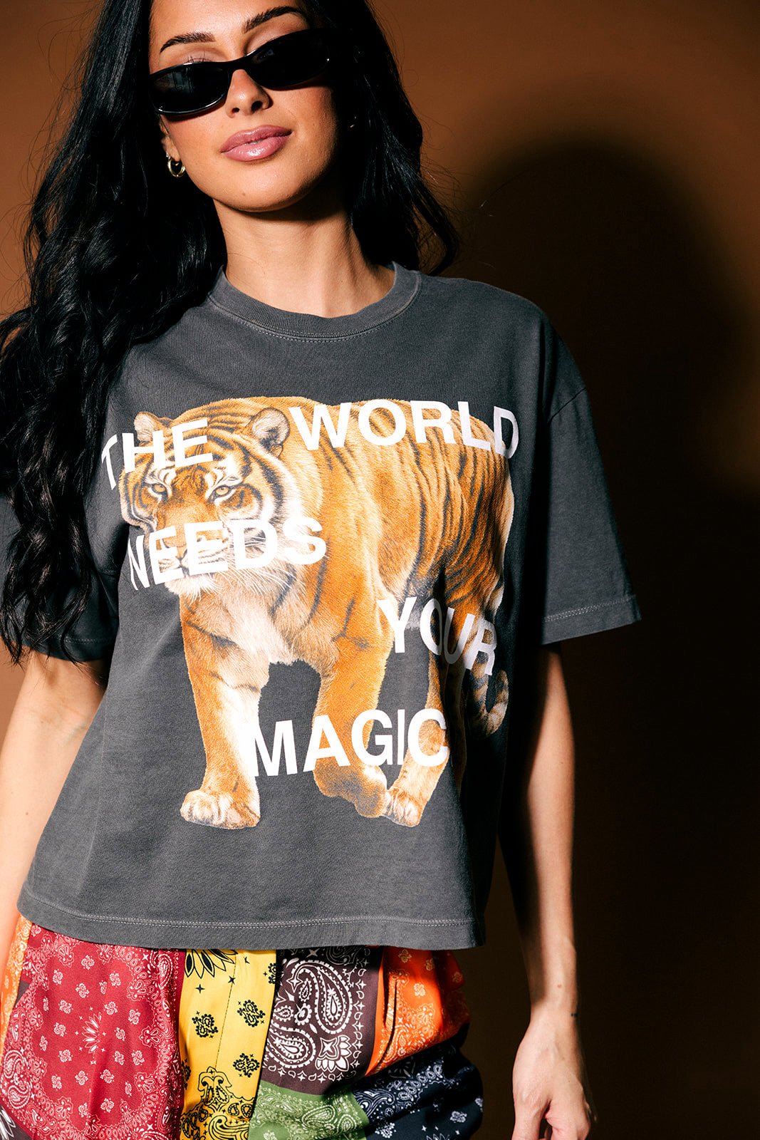 TWNYM Fierce Tiger Crop Tee in Charcoal - Dressed in Lala