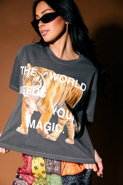 TWNYM Fierce Tiger Crop Tee in Charcoal - Dressed in Lala