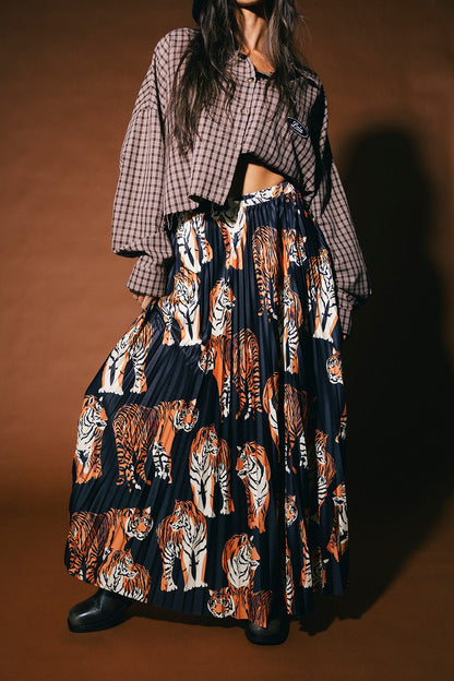 Untamable Pleated Midi Skirt in Black Tiger Tales - Dressed in Lala