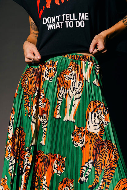 Untamable Pleated Midi Skirt in Tiger Tales on Green - Dressed in Lala