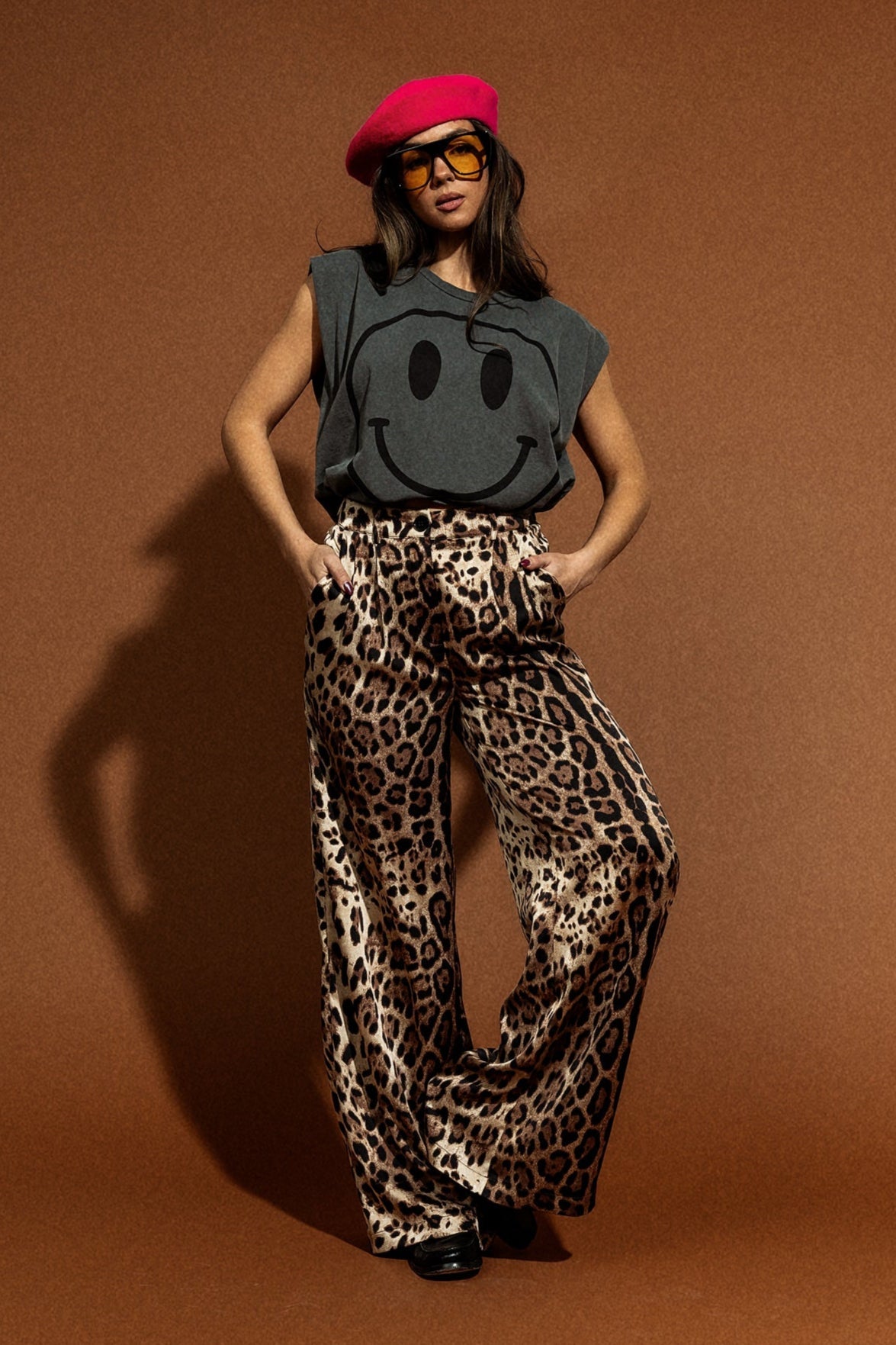 Wide Leg Satin Trousers in Here Kitty Kitty Leopard - Dressed in Lala