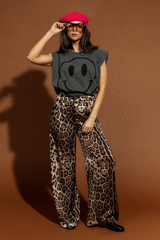 Wide Leg Satin Trousers in Here Kitty Kitty Leopard - Dressed in Lala