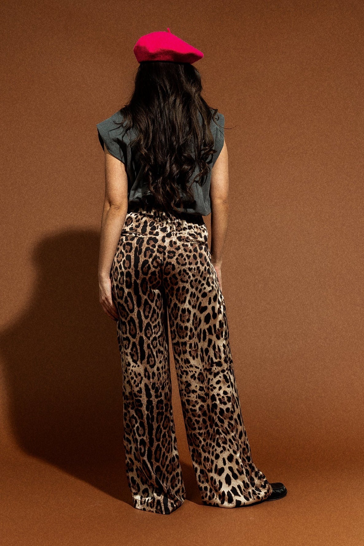 Wide Leg Satin Trousers in Here Kitty Kitty Leopard - Dressed in Lala