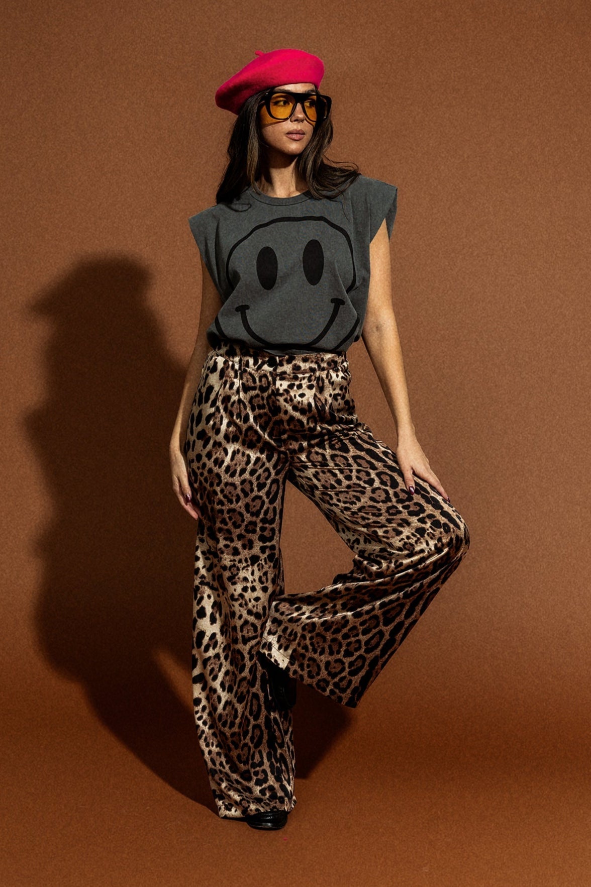 Wide Leg Satin Trousers in Here Kitty Kitty Leopard - Dressed in Lala