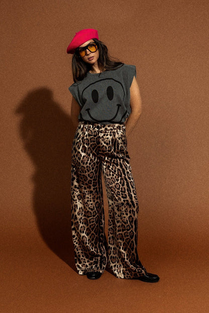 Wide Leg Satin Trousers in Here Kitty Kitty Leopard - Dressed in Lala