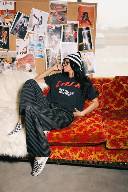 Wide Leg Trousers in Black Boss B*tch Pinstripe *RESTOCKING SOON* - Dressed in Lala