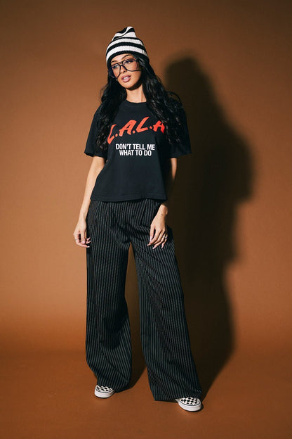 Wide Leg Trousers in Black Boss B*tch Pinstripe *RESTOCKING SOON* - Dressed in Lala