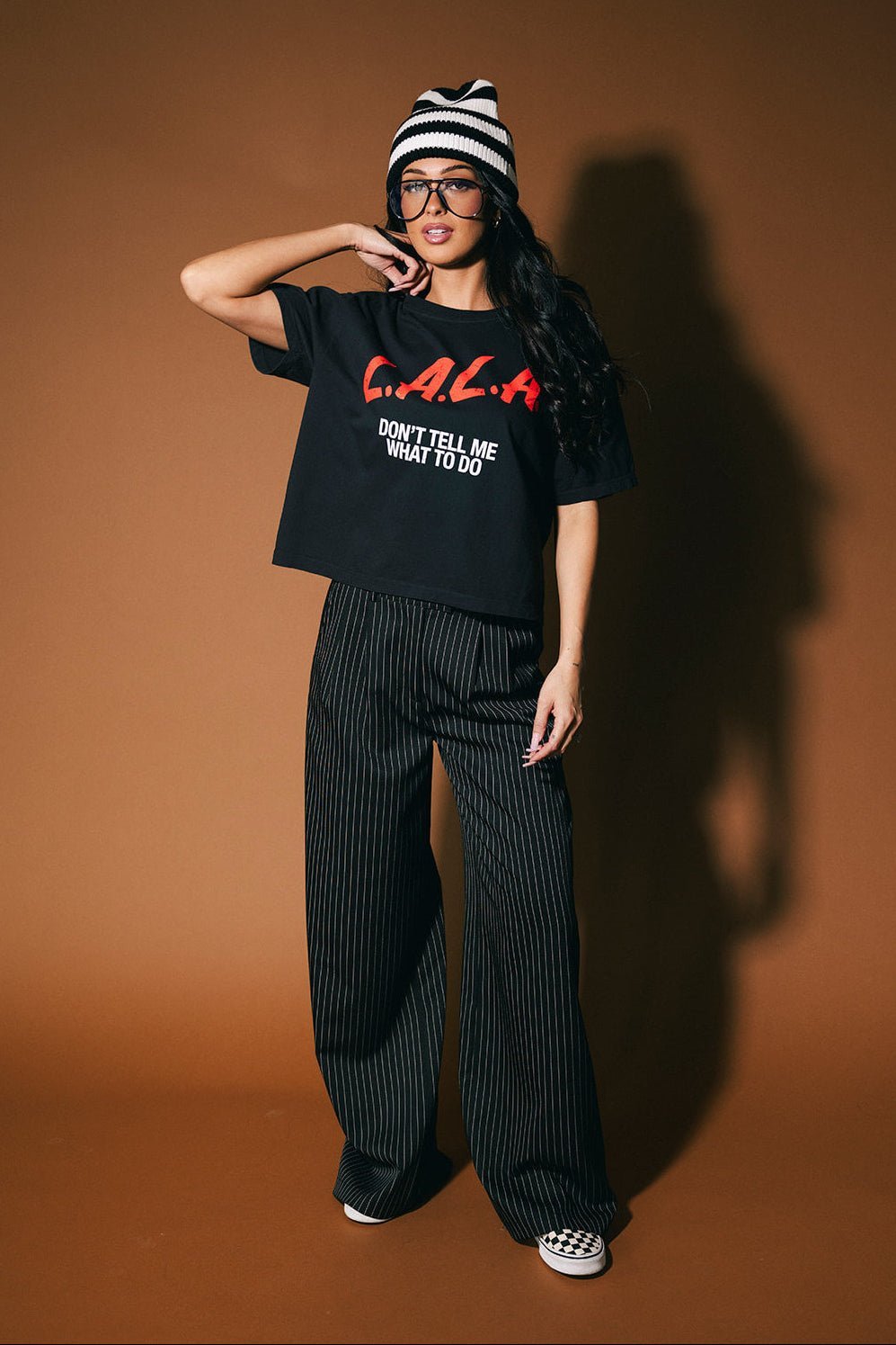 Wide Leg Trousers in Black Boss B*tch Pinstripe *RESTOCKING SOON* - Dressed in Lala