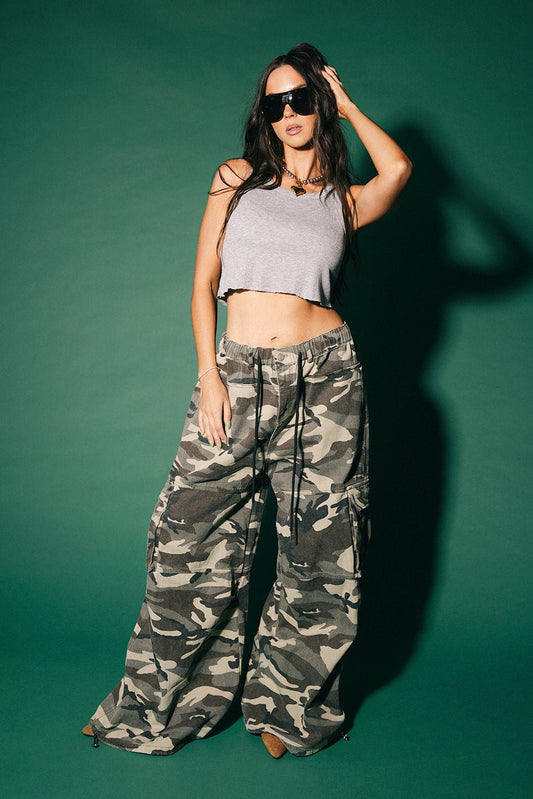 You Don't Own Me Ultra Wide Leg Cargo Pants in Camo - Dressed in Lala