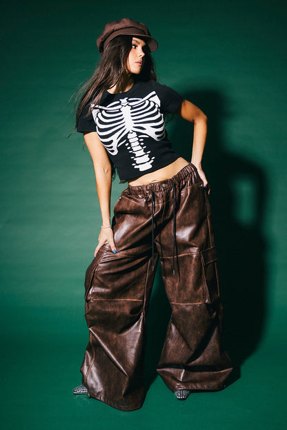 You Don't Own Me Ultra Wide Leg Cargo Pants in Distressed Vegan Leather - Dressed in Lala