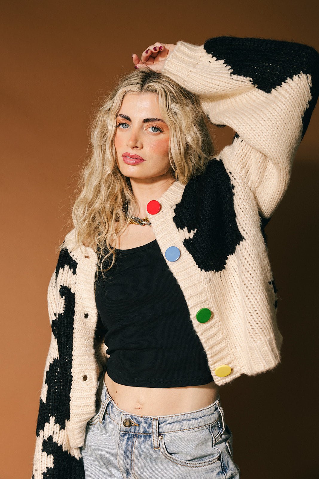 You Wish Hand Knit Chunky Cardigan in Cow Print - Dressed in Lala