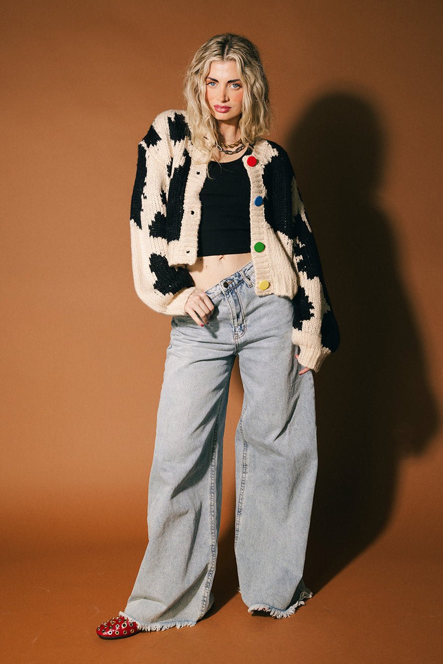 You Wish Hand Knit Chunky Cardigan in Cow Print - Dressed in Lala