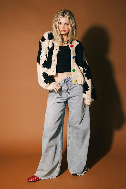 You Wish Hand Knit Chunky Cardigan in Cow Print - Dressed in Lala