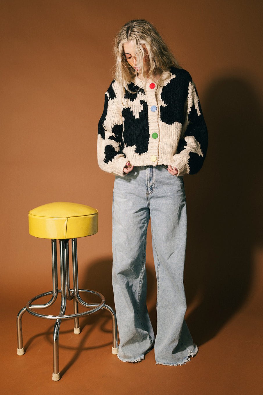 You Wish Hand Knit Chunky Cardigan in Cow Print - Dressed in Lala