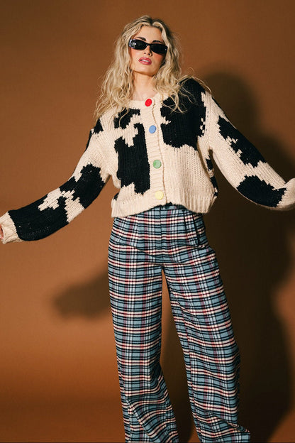 You Wish Hand Knit Chunky Cardigan in Cow Print - Dressed in Lala