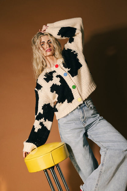 You Wish Hand Knit Chunky Cardigan in Cow Print - Dressed in Lala