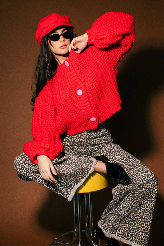 You Wish Hand Knit Chunky Cardigan in Red - Dressed in Lala