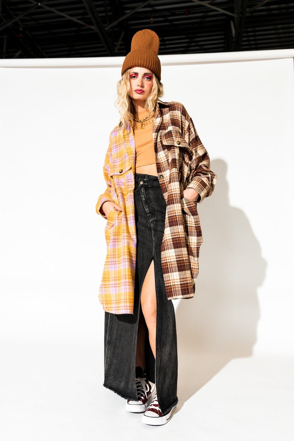 Zuri Oversized Grunge Flannel in Half + Half Yellow and Brown