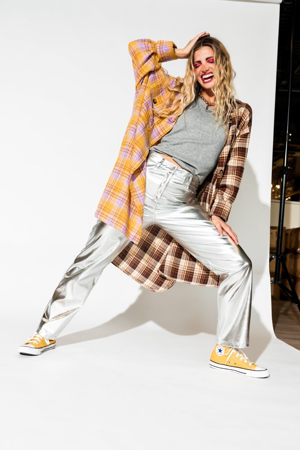 Zuri Oversized Grunge Flannel in Half + Half Yellow and Brown