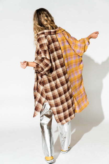 Zuri Oversized Grunge Flannel in Half + Half Yellow and Brown