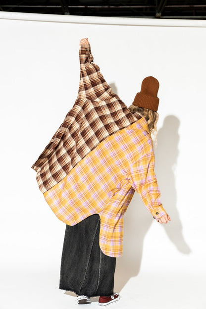 Zuri Oversized Grunge Flannel in Half + Half Yellow and Brown