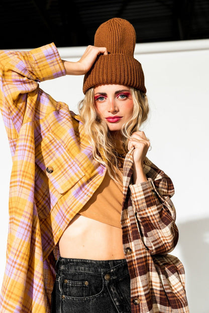 Zuri Oversized Grunge Flannel in Half + Half Yellow and Brown