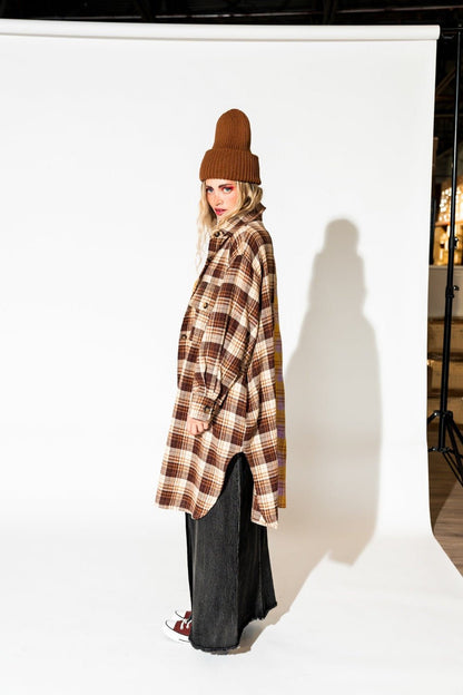 Zuri Oversized Grunge Flannel in Half + Half Yellow and Brown