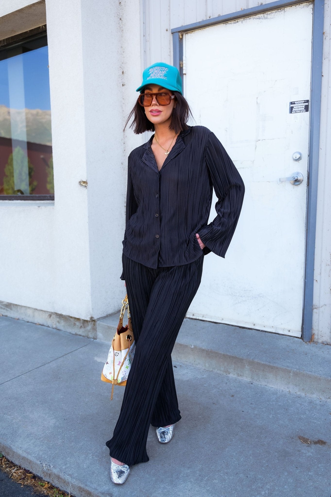 Long Sleeve Plissé Set in Black Dressed in Lala