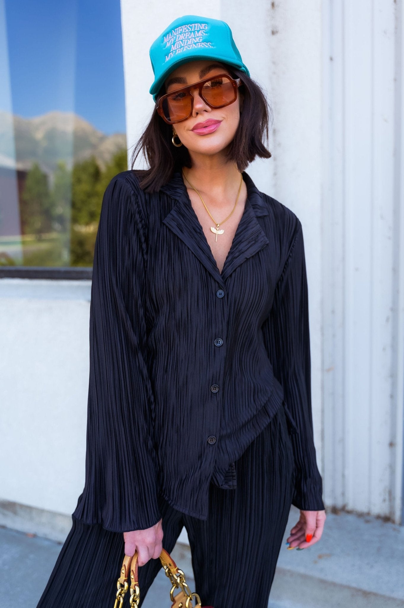 Long Sleeve Plissé Set in Black Dressed in Lala