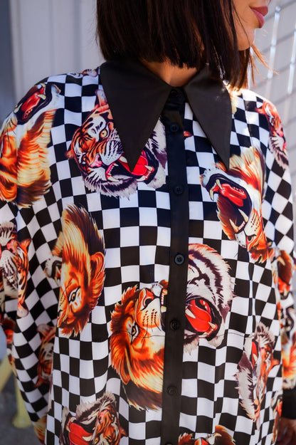 Posh Satin Playsuit in Lions, Tigers, Check, Oh My!