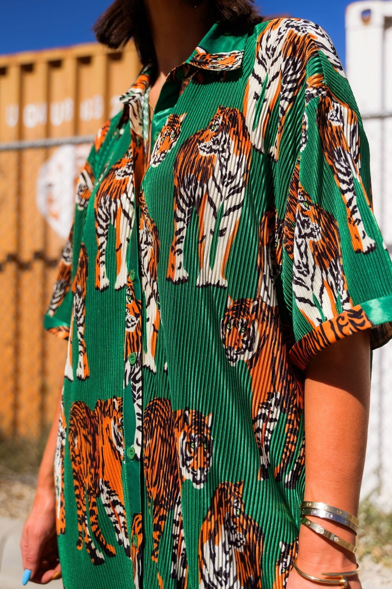 LALA ORIGINAL So Far So Good Oversized Plissé Dress in Tiger Tales *R