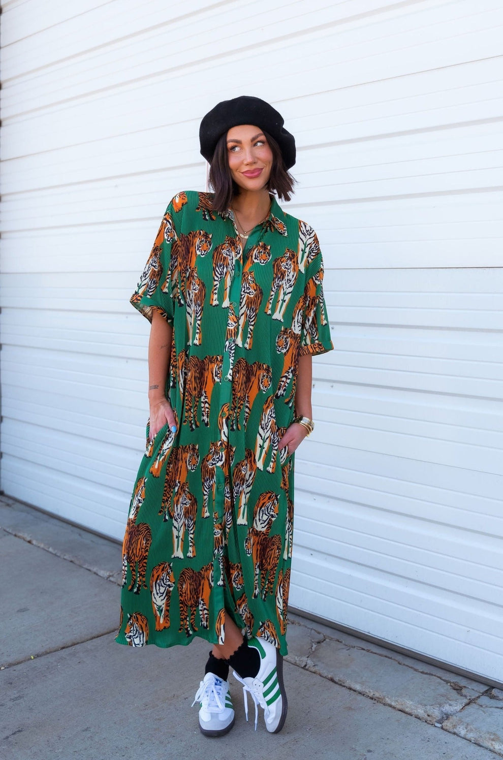 Oversized Plisse Shirt Dress in Green Tiger Tales Print -Lala Original ...
