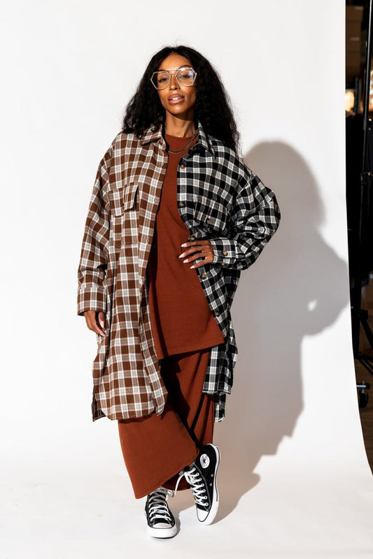 Zuri Oversized Grunge Flannel in Half + Half Mocha and Black
