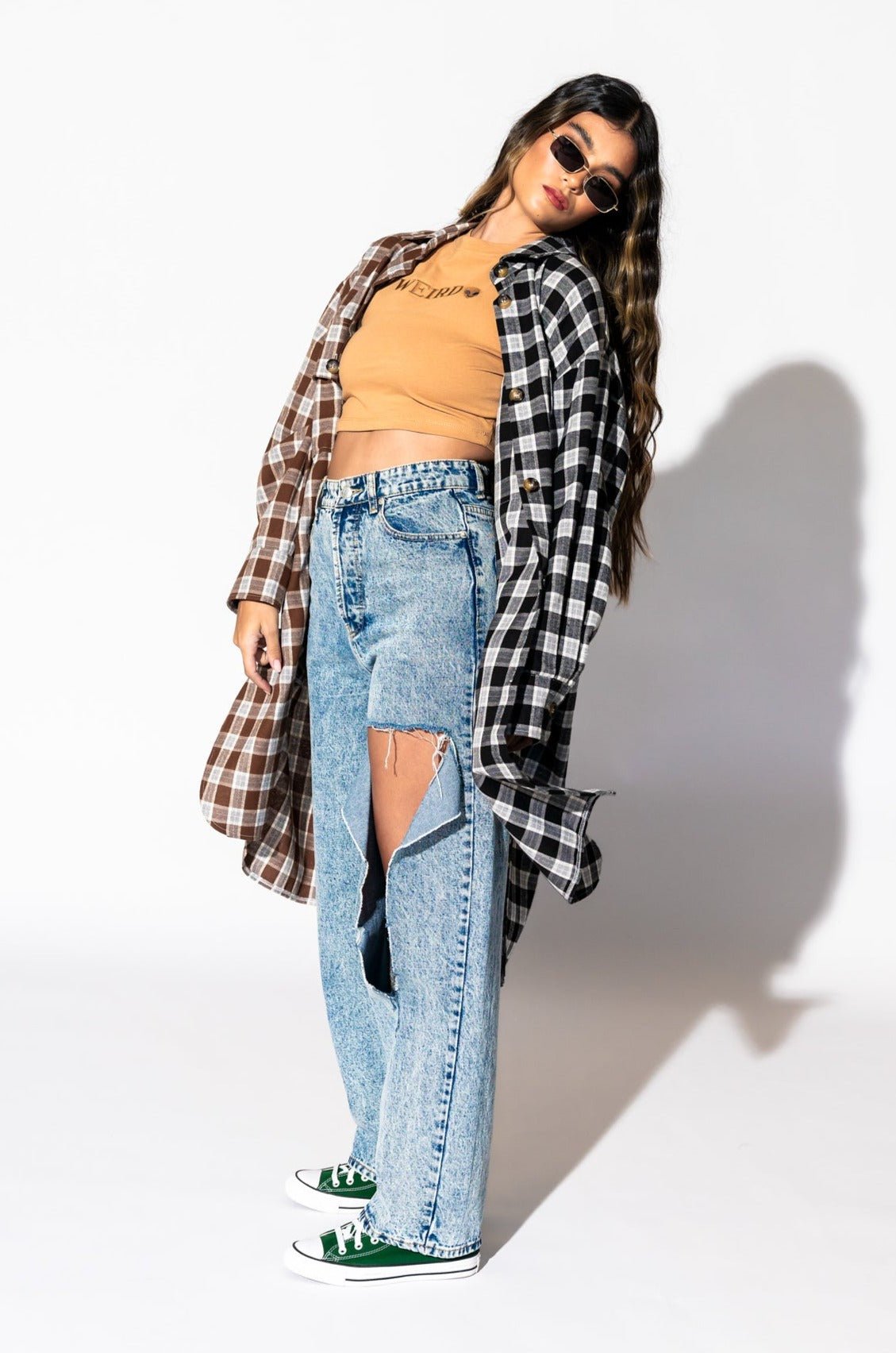 Zuri Oversized Grunge Flannel in Half + Half Mocha and Black