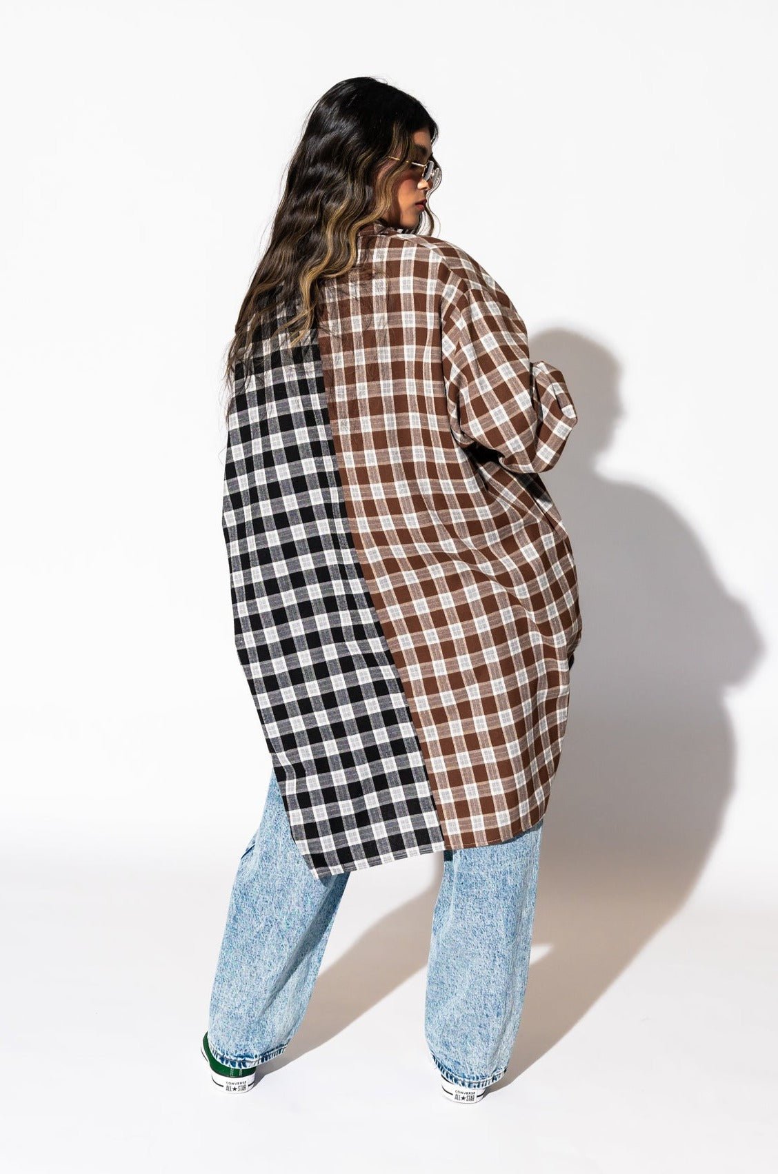 Zuri Oversized Grunge Flannel in Half + Half Mocha and Black