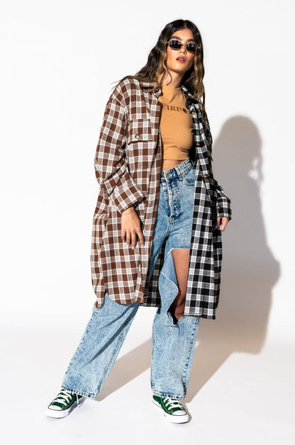 Zuri Oversized Grunge Flannel in Half + Half Mocha and Black